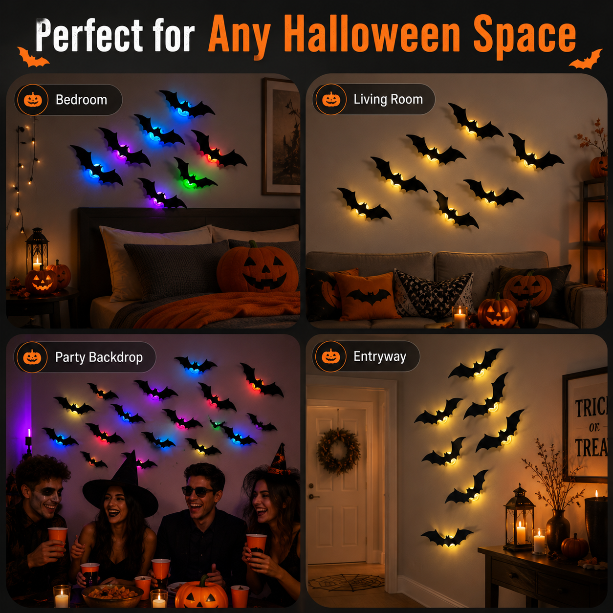 3D LED Halloween Bat Wall Decor – Colorful Glowing Flying Bats