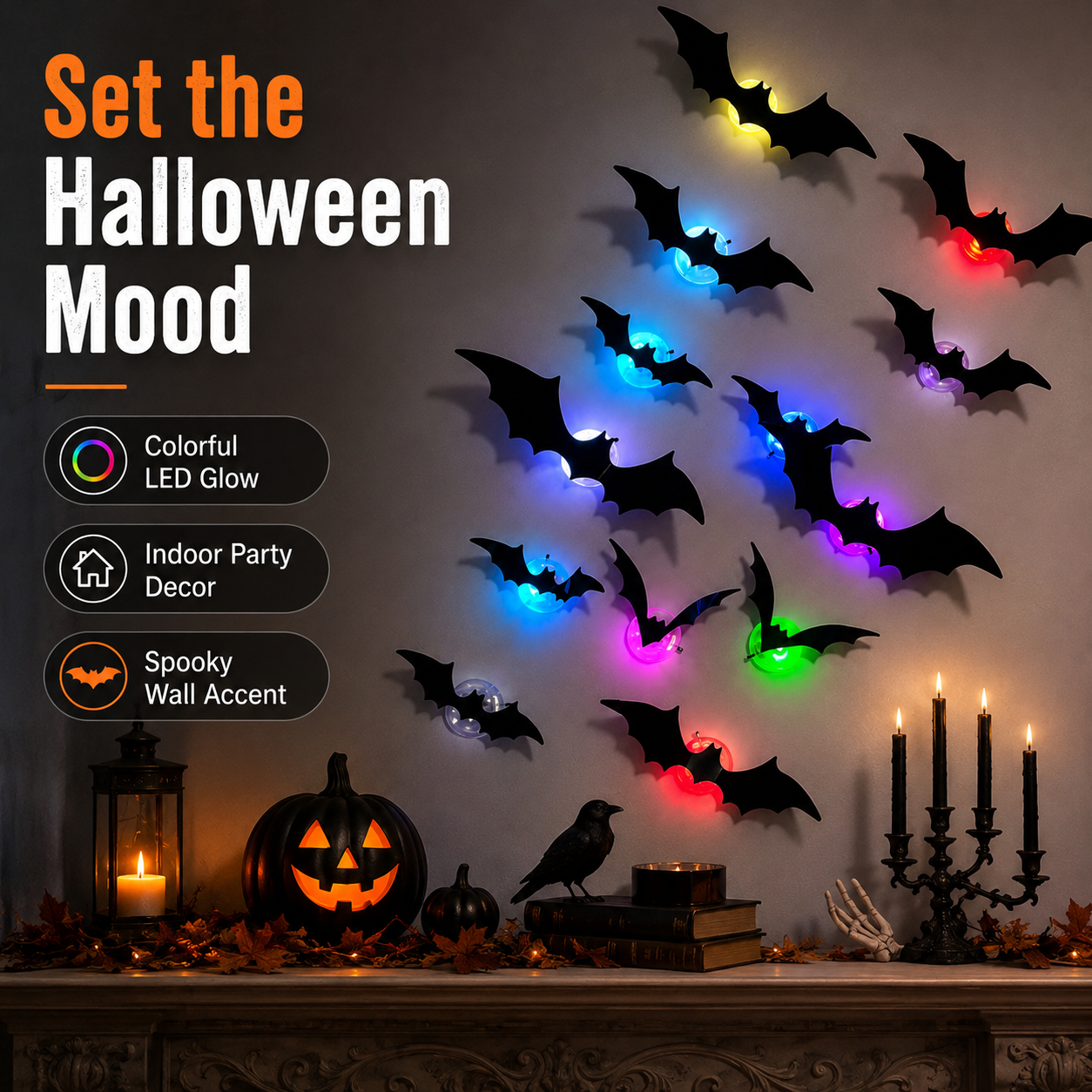3D LED Halloween Bat Wall Decor – Colorful Glowing Flying Bats