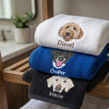 Custom Pet Portrait Embroidered Bath Towel