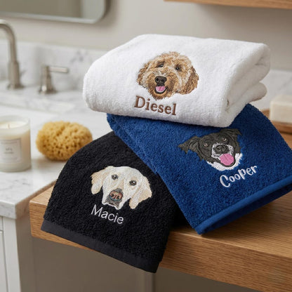 Custom Pet Portrait Embroidered Bath Towel