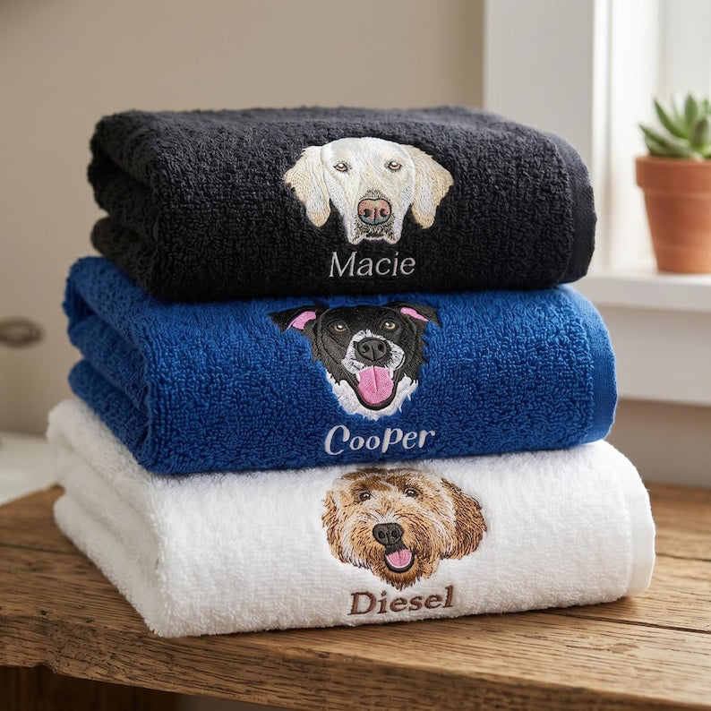 Custom Pet Portrait Embroidered Bath Towel