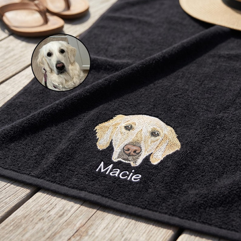 Custom Pet Portrait Embroidered Bath Towel